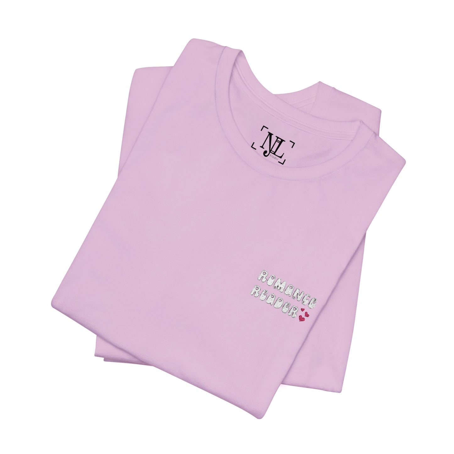 "Romance Reader" - Embroidered Literary Tee (White Text with Pink Hearts)
