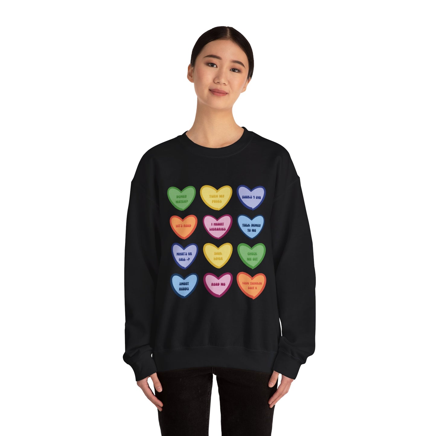 Library Themed Conversation Heart Sweatshirt — Colorful Valentine Candy Heart Graphic Crewneck