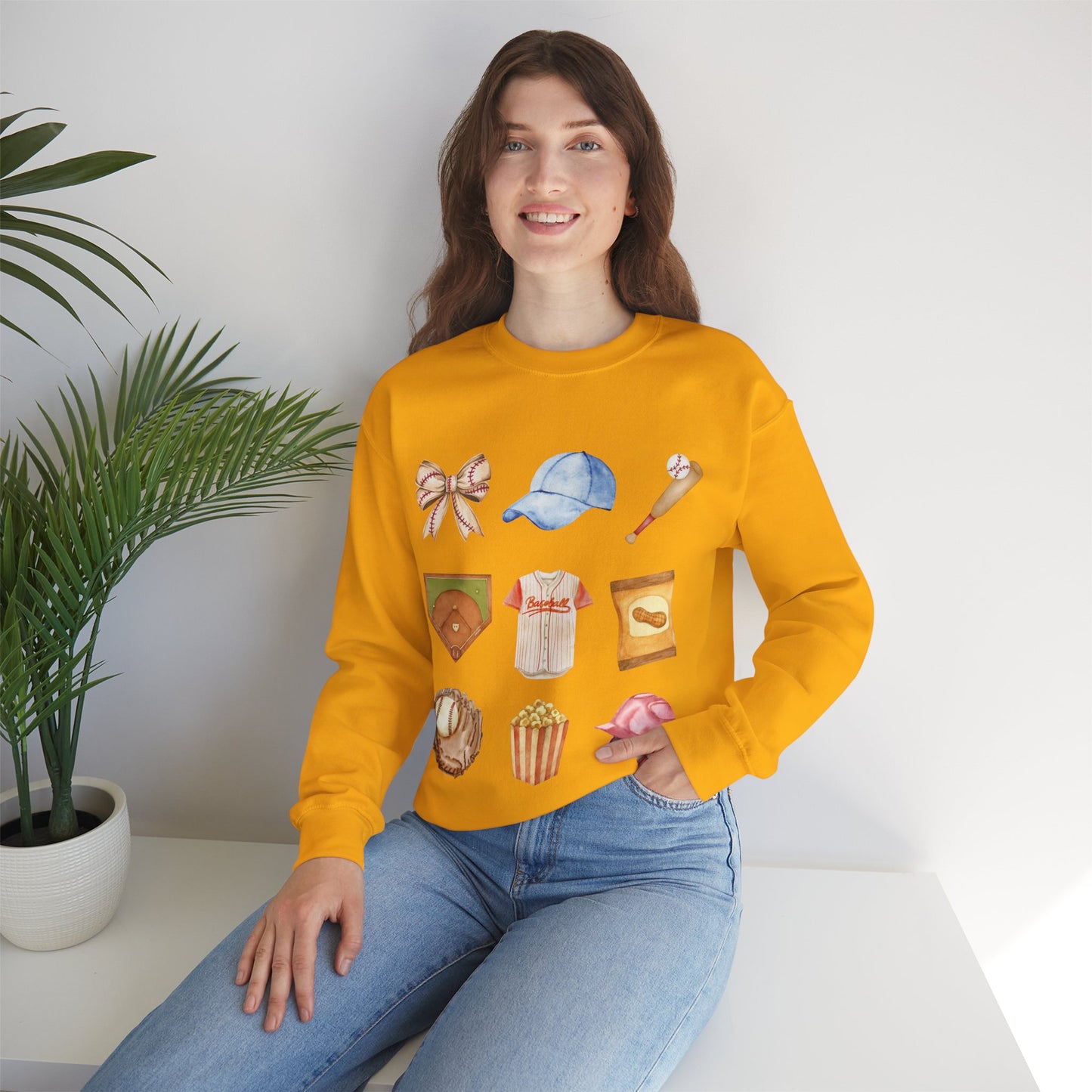 Baseball Icons Crewneck Sweatshirt — Watercolor Baseball Gear Graphic