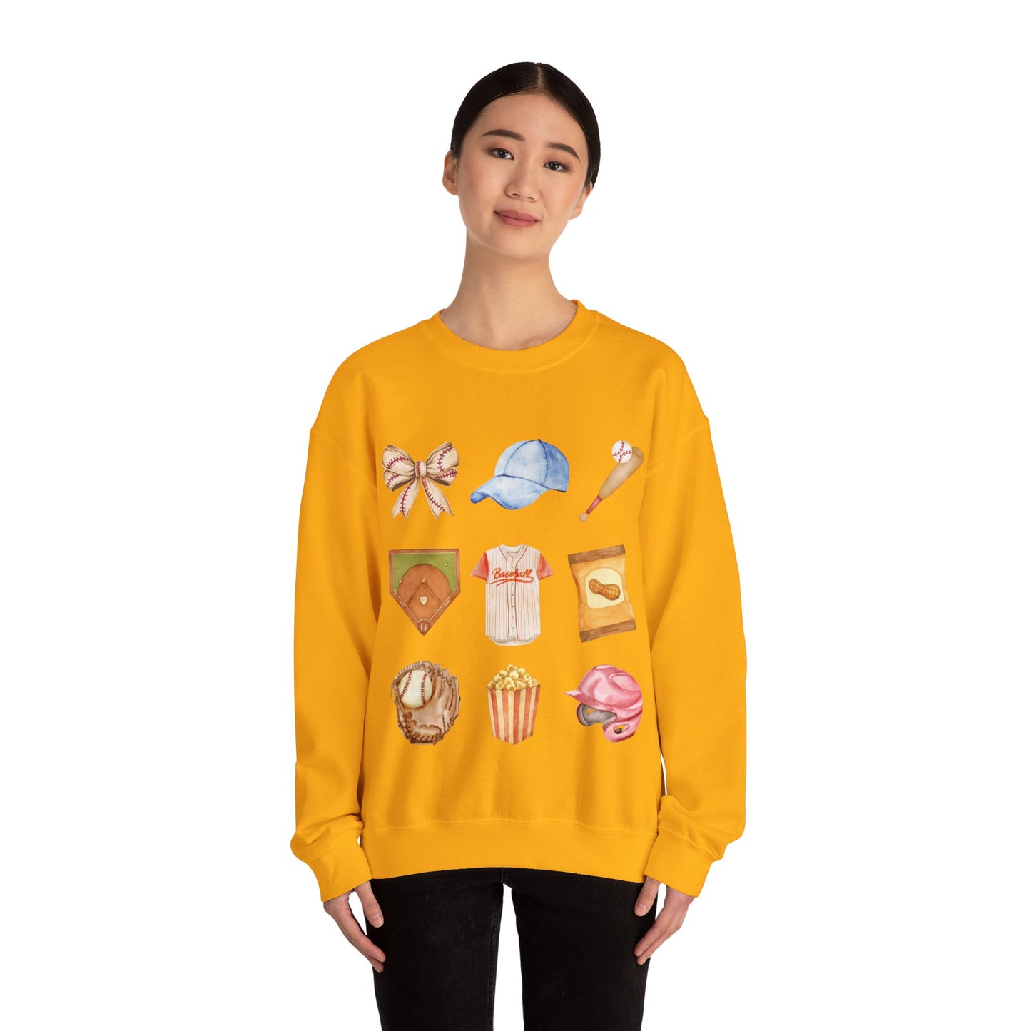Baseball Icons Crewneck Sweatshirt — Watercolor Baseball Gear Graphic