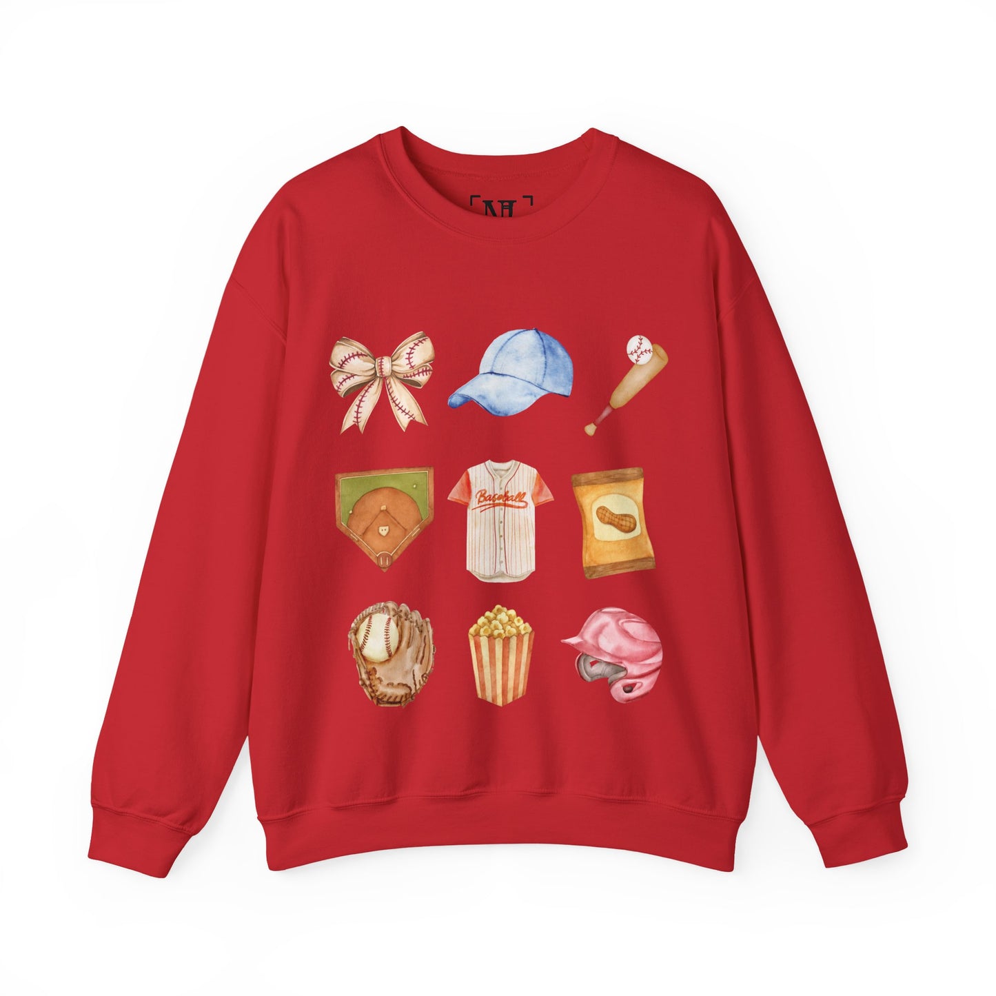 Baseball Icons Crewneck Sweatshirt — Watercolor Baseball Gear Graphic