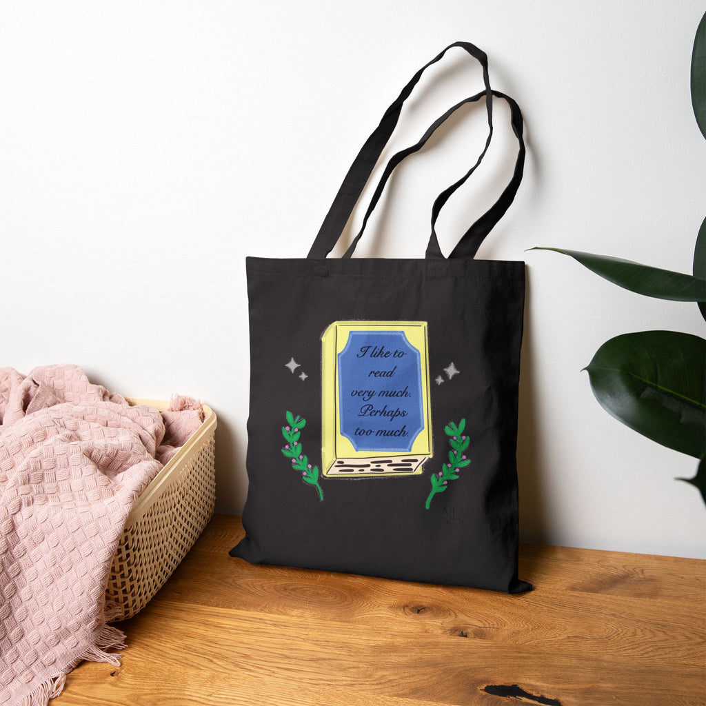 Book Lover Cotton Canvas Tote Bag — "I like to read very much. Perhaps too much." Graphic