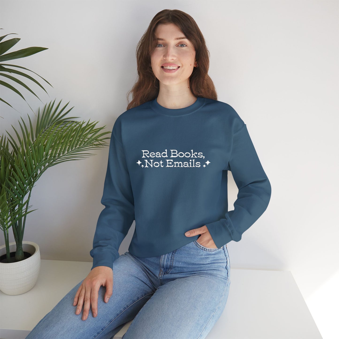 "Read Books Not Emails." - Embroidered Cozy Literary Sweatshirt (White Text)