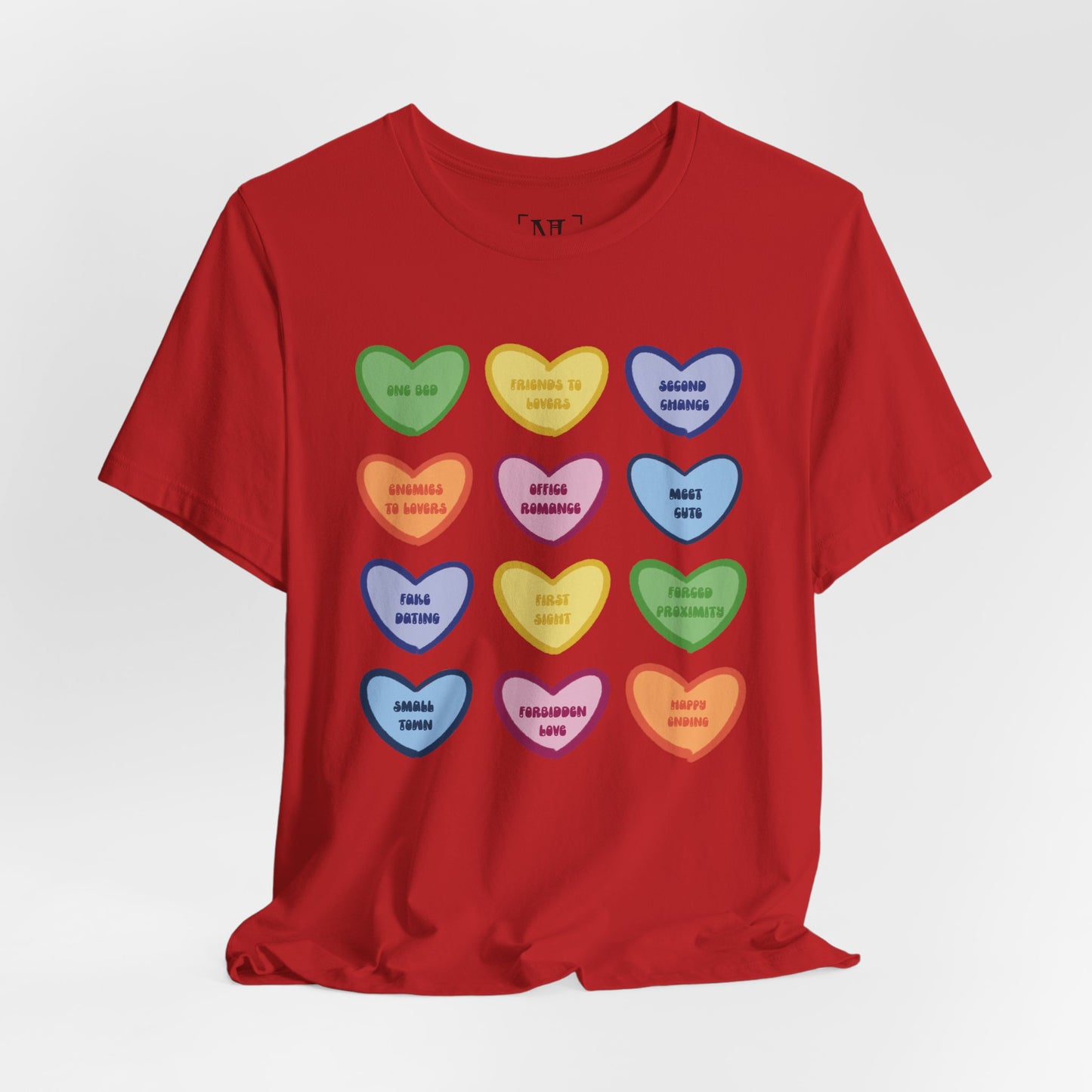 Romance Book Tropes Conversation Heart Graphic Tee — Cute Pastel Candy Hearts with Messages