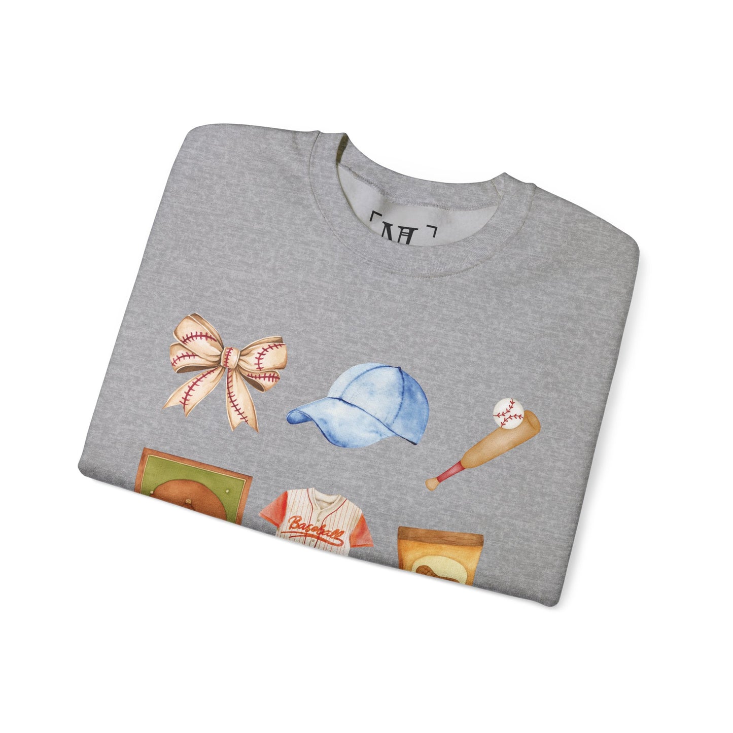 Baseball Icons Crewneck Sweatshirt — Watercolor Baseball Gear Graphic