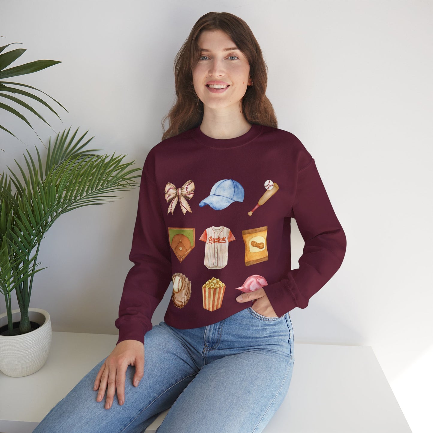 Baseball Icons Crewneck Sweatshirt — Watercolor Baseball Gear Graphic