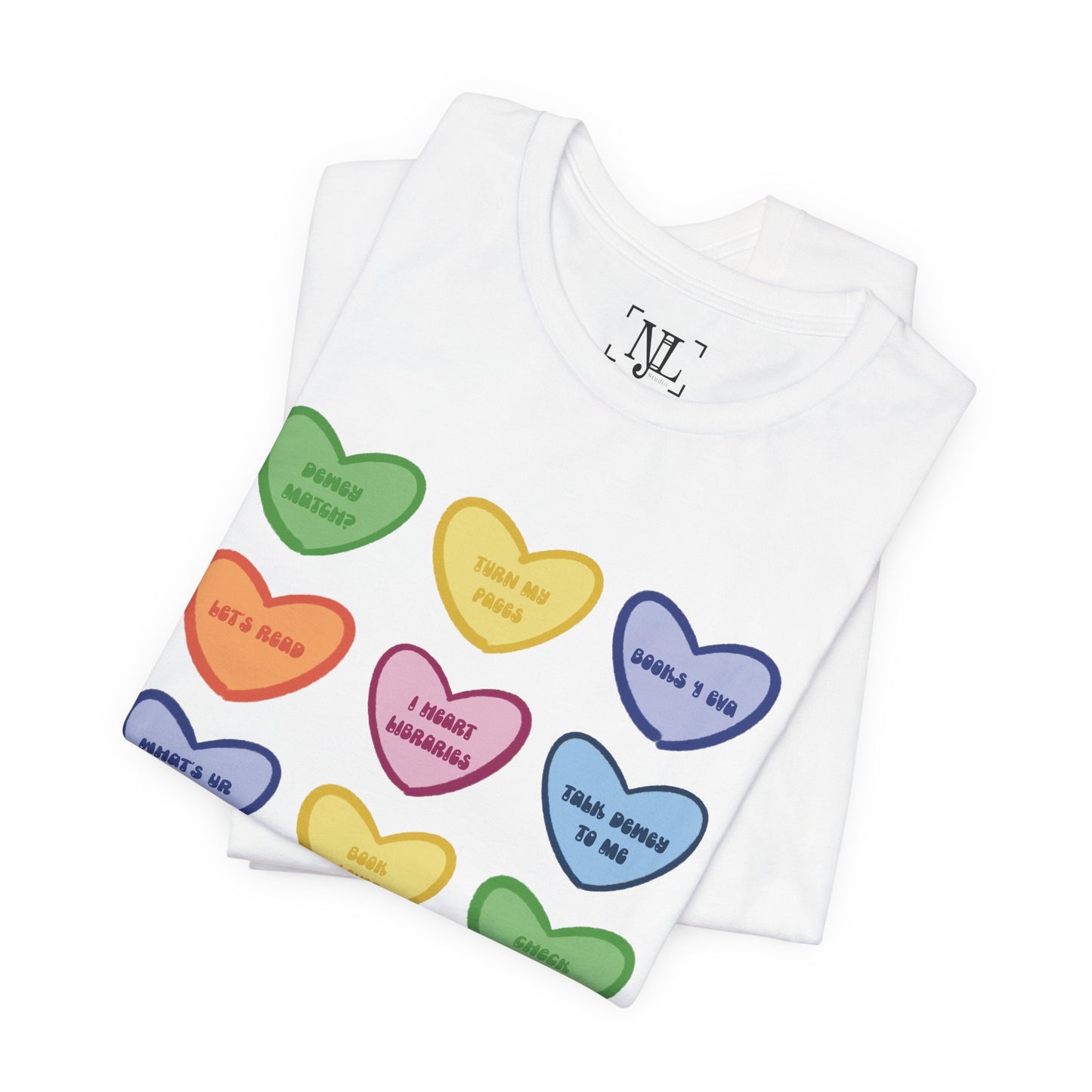 Library Conversation Heart Graphic Tee — Cute Pastel Candy Hearts with Messages