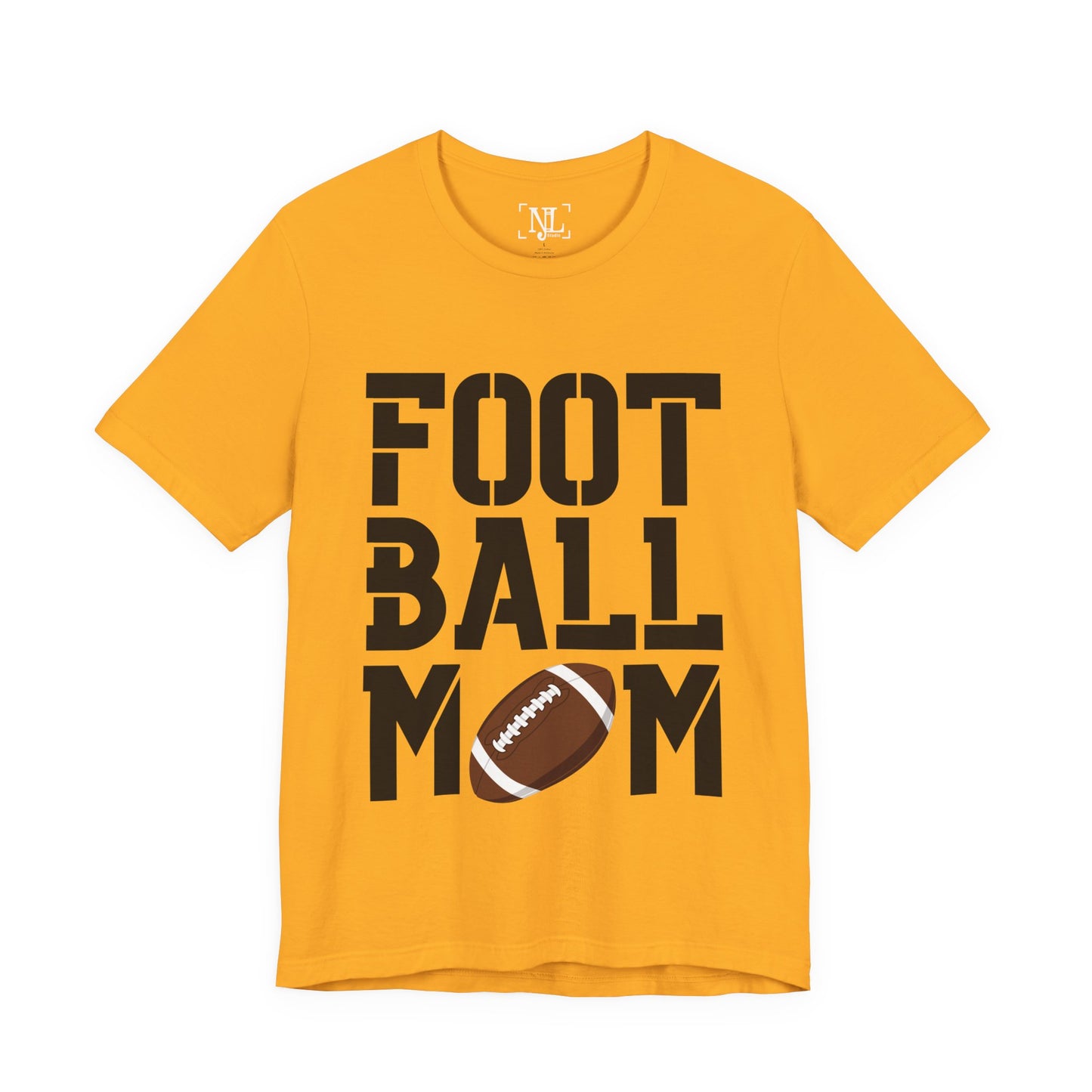 Football Mom T-Shirt – Bold Stacked Text with Football Graphic