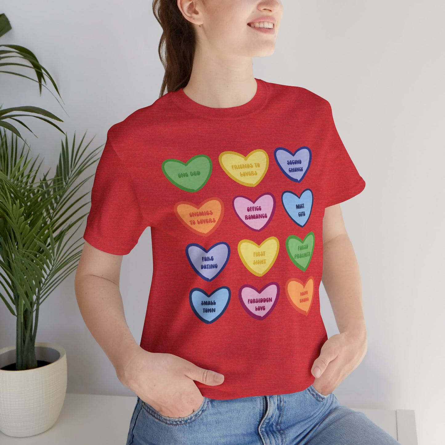 Romance Book Tropes Conversation Heart Graphic Tee — Cute Pastel Candy Hearts with Messages