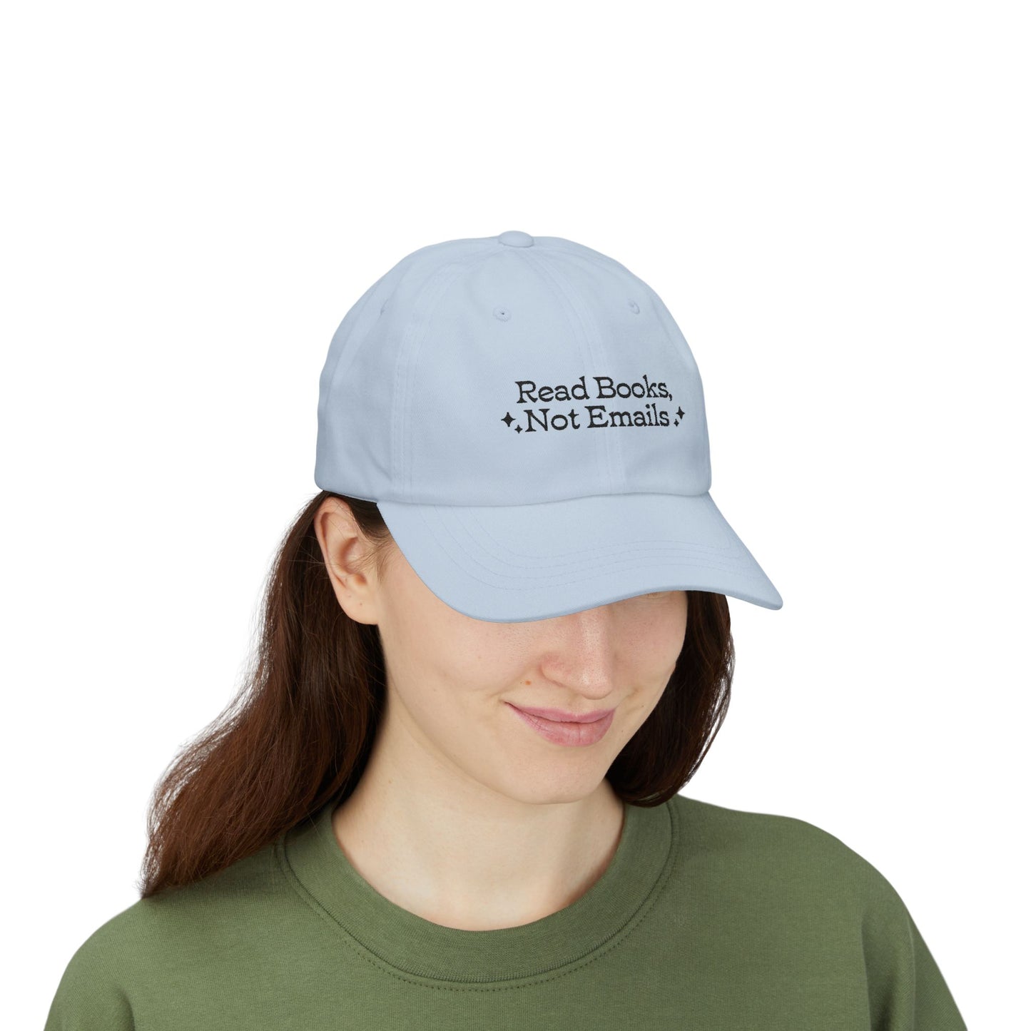 "Read Books Not Emails" - Embroidered Literary Dad Baseball Cap (Black Text)