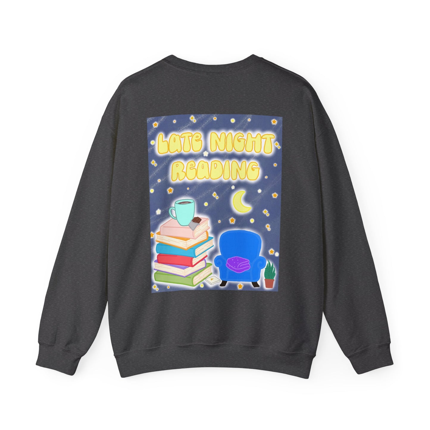 "Late Night Reading " — Cozy Book Lover Crewneck (White Text)
