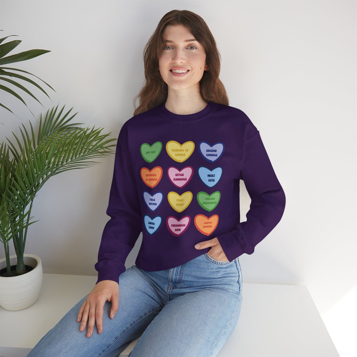 Romance Book Tropes Conversation Heart Sweatshirt — Colorful Valentine Candy Heart Graphic Crewneck