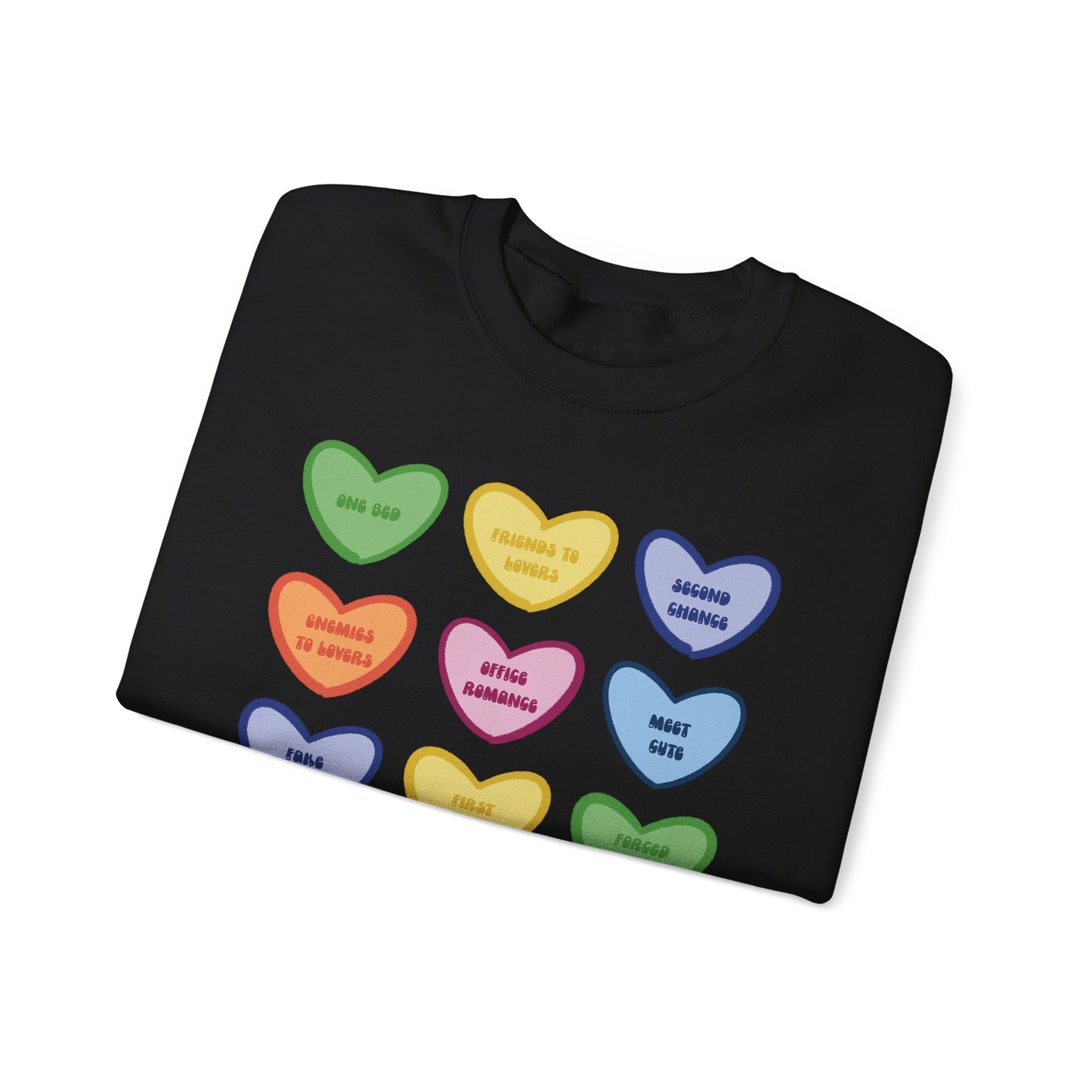 Romance Book Tropes Conversation Heart Sweatshirt — Colorful Valentine Candy Heart Graphic Crewneck