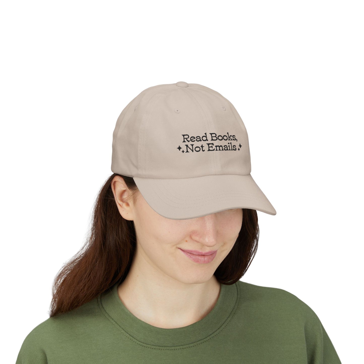 "Read Books Not Emails" - Embroidered Literary Dad Baseball Cap (Black Text)