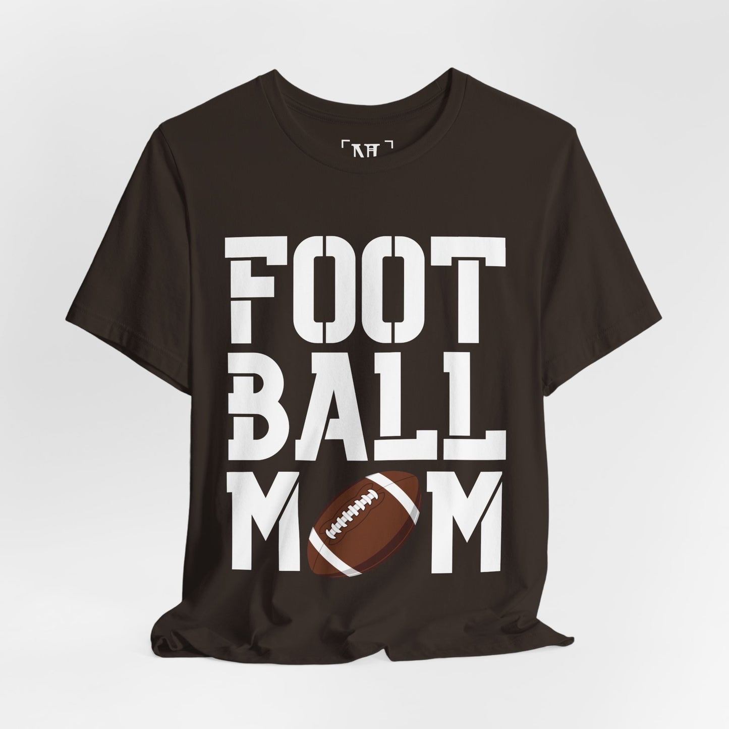 Football Mom T-Shirt – Bold Stacked Text with Football Graphic (White Text)