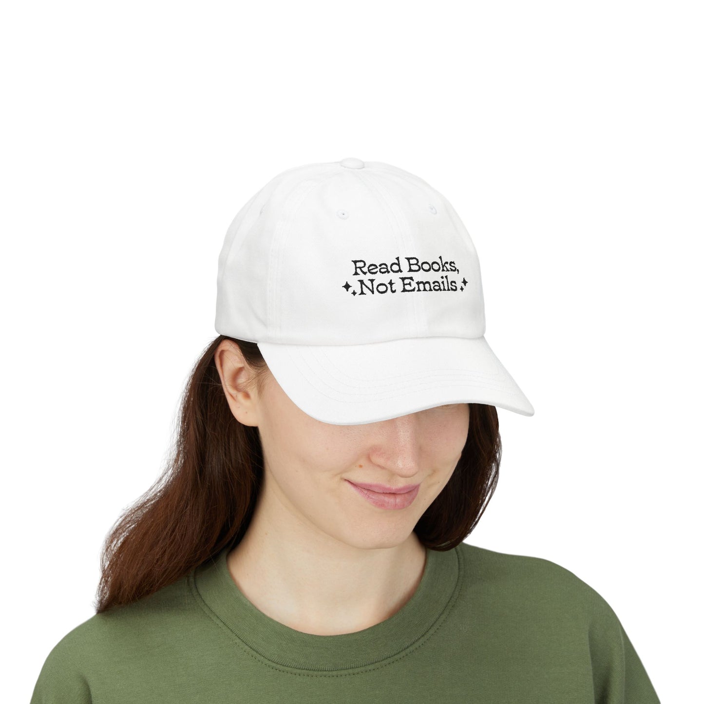"Read Books Not Emails" - Embroidered Literary Dad Baseball Cap (Black Text)