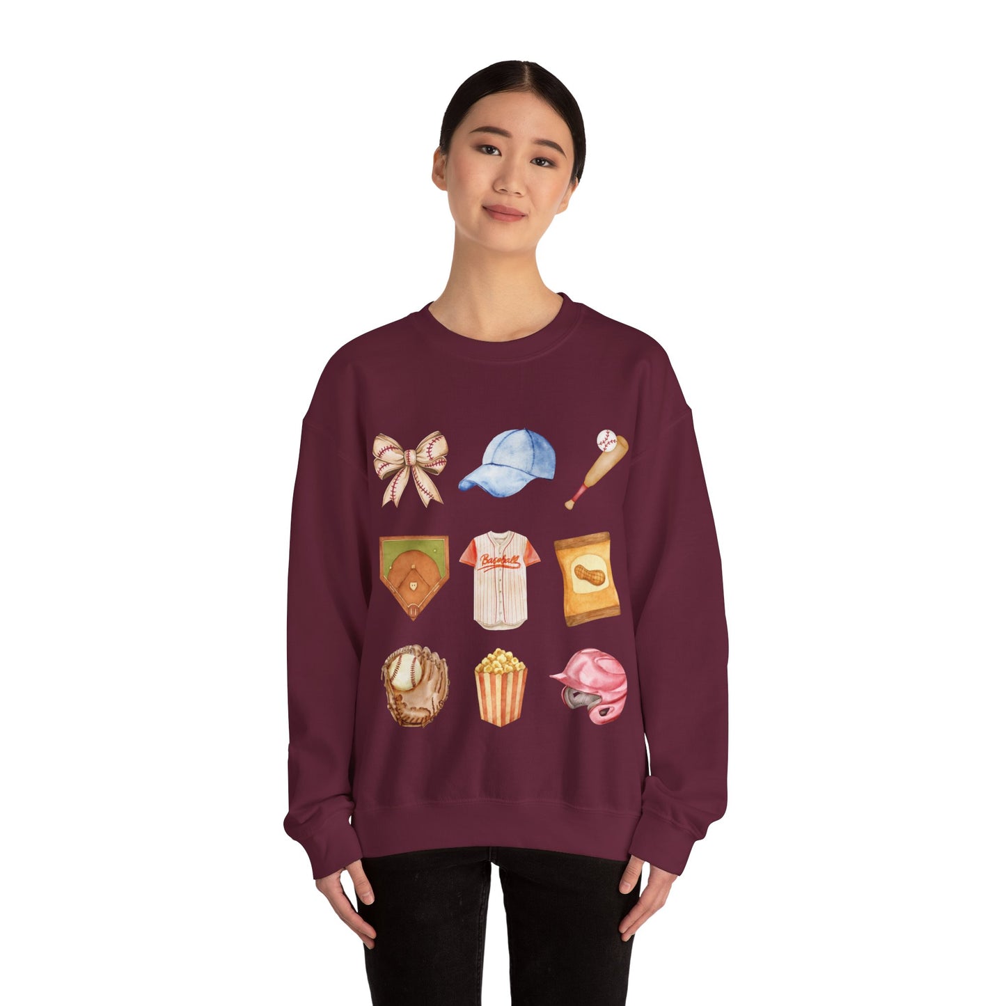 Baseball Icons Crewneck Sweatshirt — Watercolor Baseball Gear Graphic