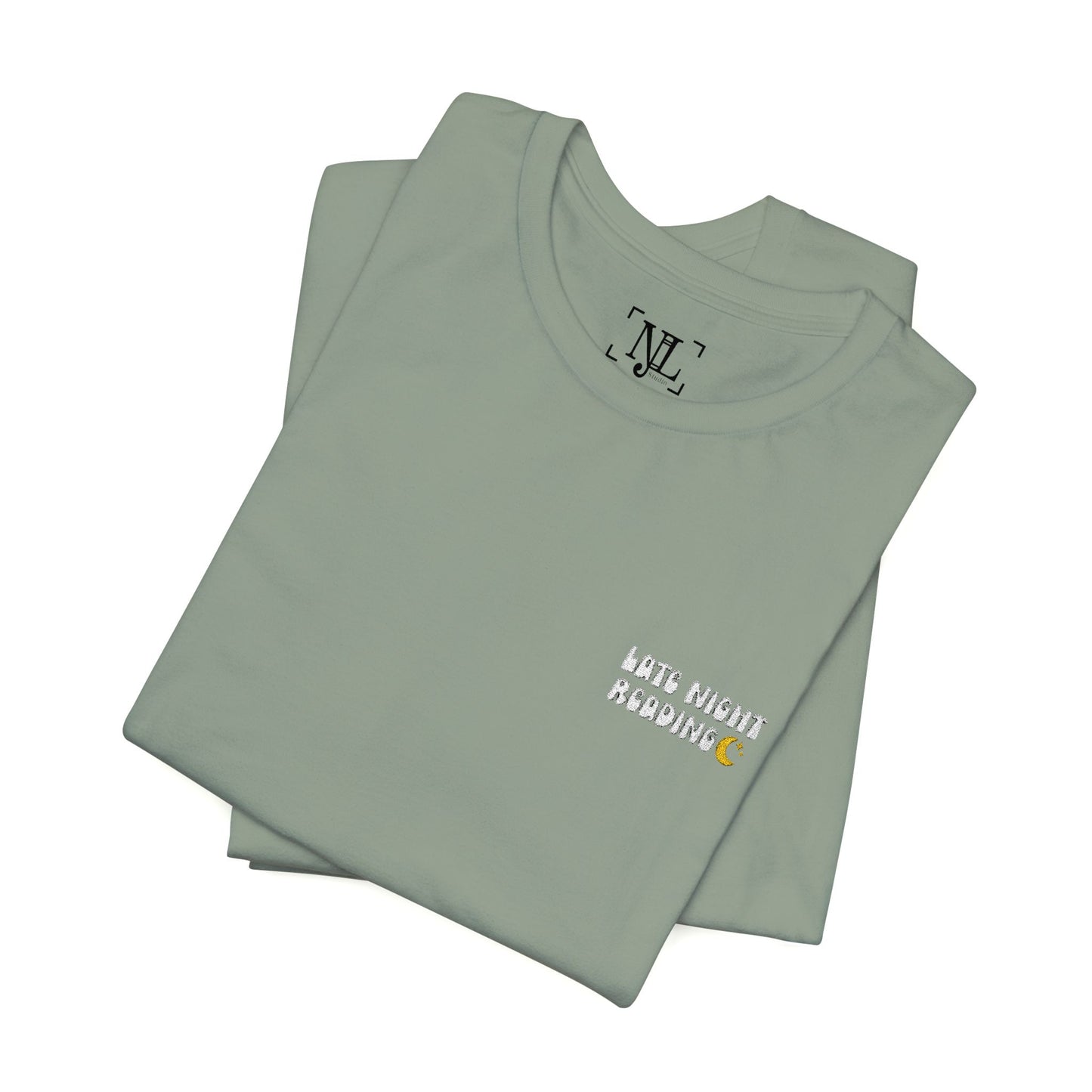 Late Night Reading - Embroidered Literary Tee (White Text)