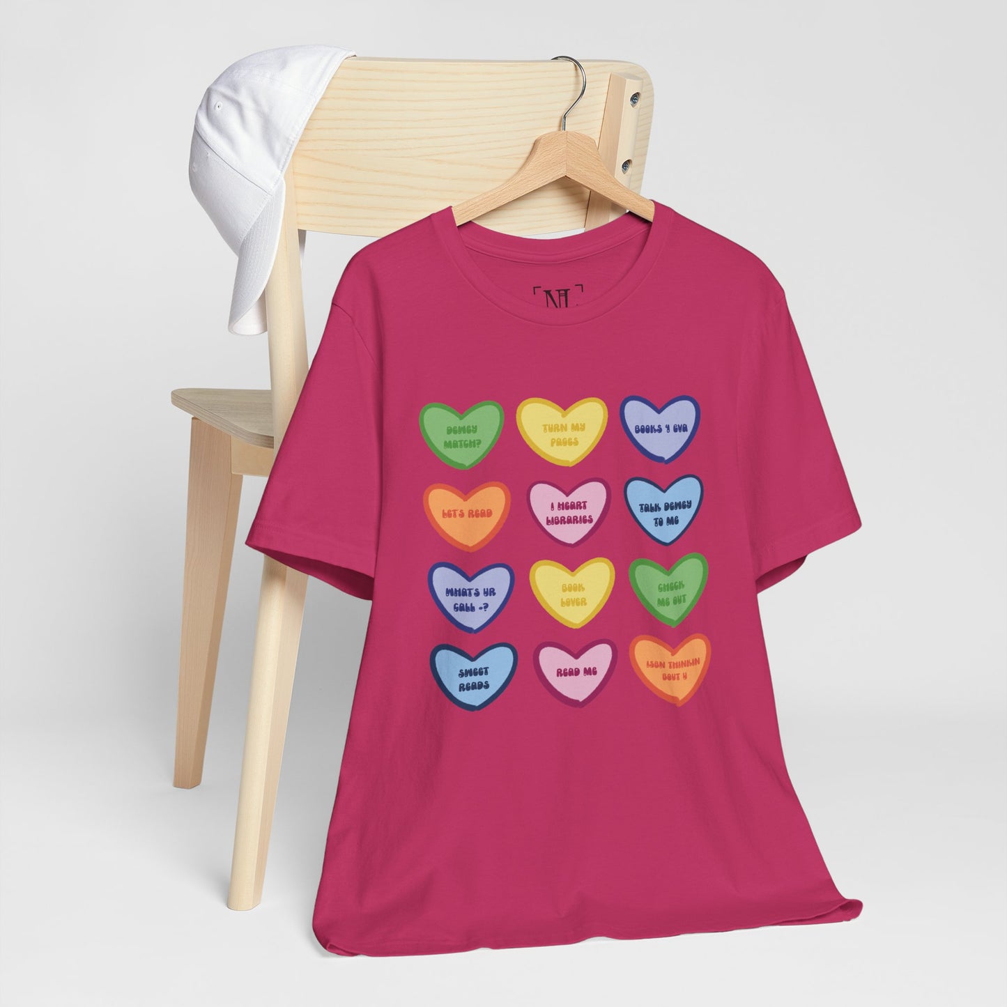 Library Conversation Heart Graphic Tee — Cute Pastel Candy Hearts with Messages