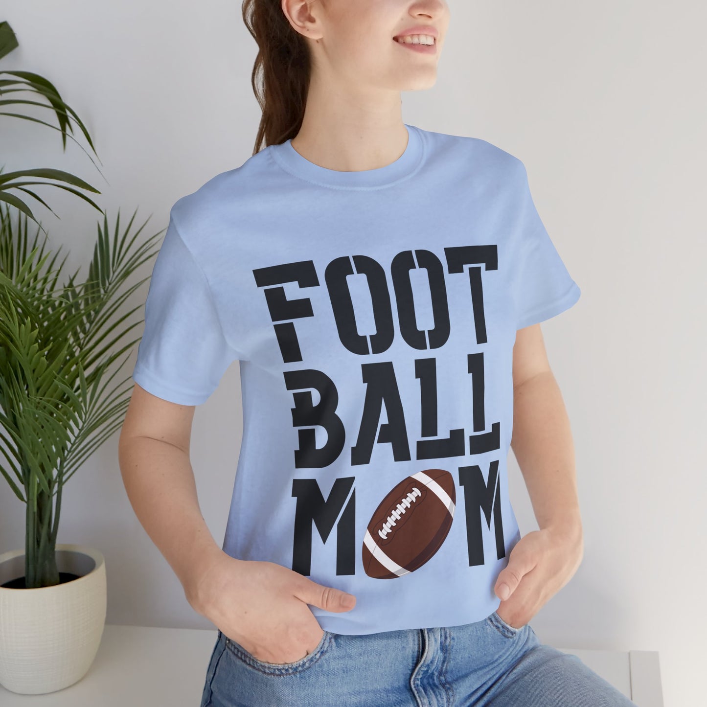 Football Mom T-Shirt – Bold Stacked Text with Football Graphic