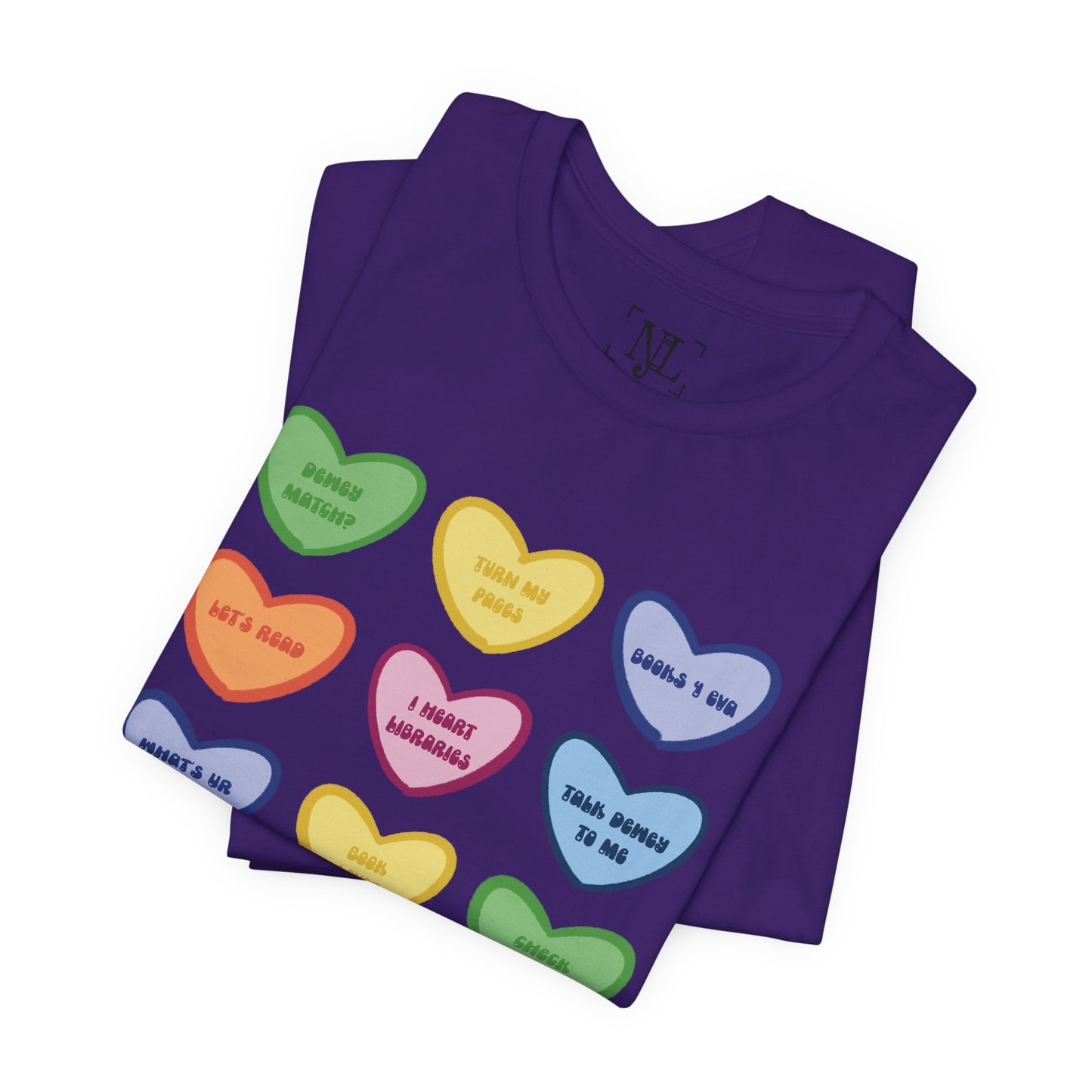 Library Conversation Heart Graphic Tee — Cute Pastel Candy Hearts with Messages