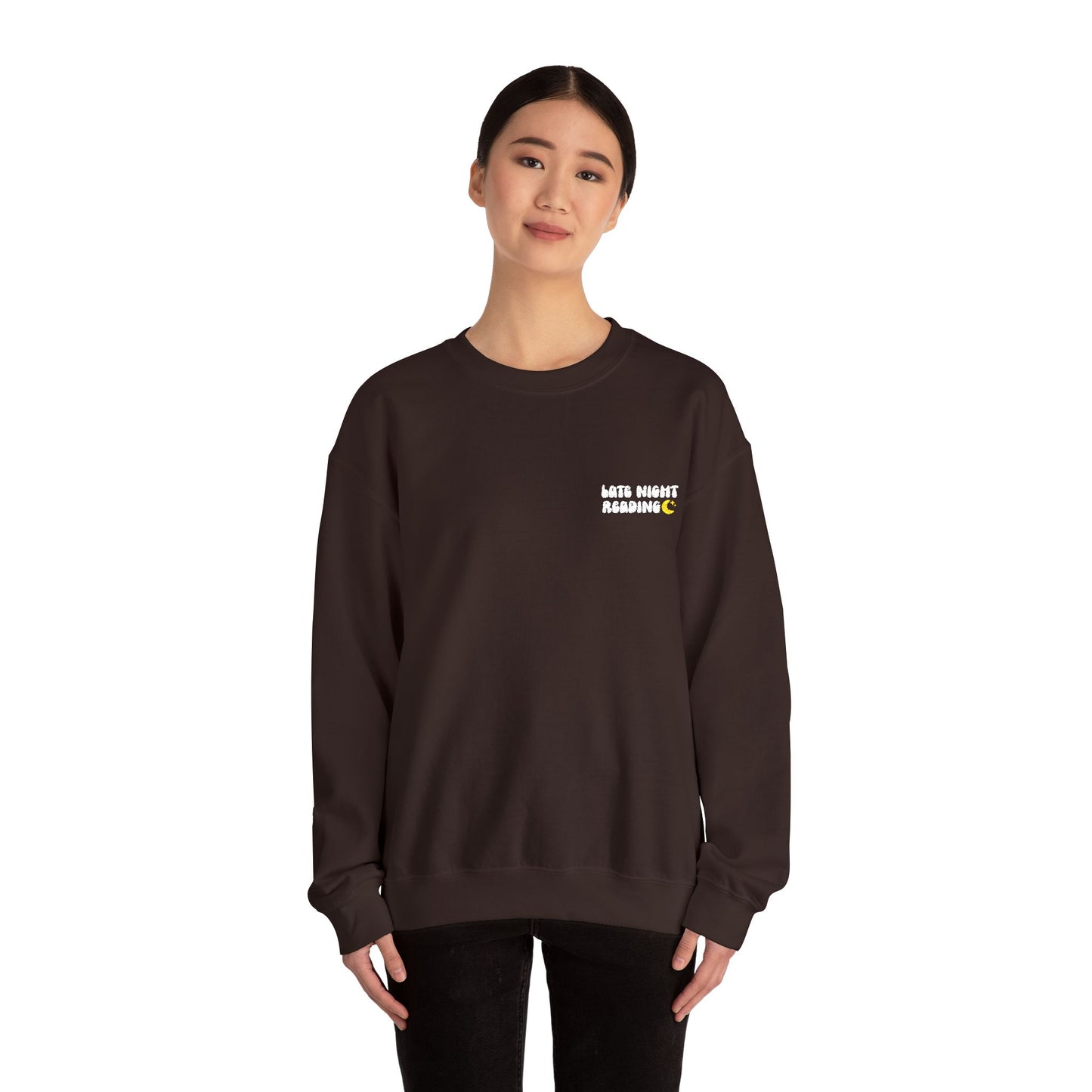 "Late Night Reading - Embroidered Cozy Literary Crewneck Sweatshirt (White Text)