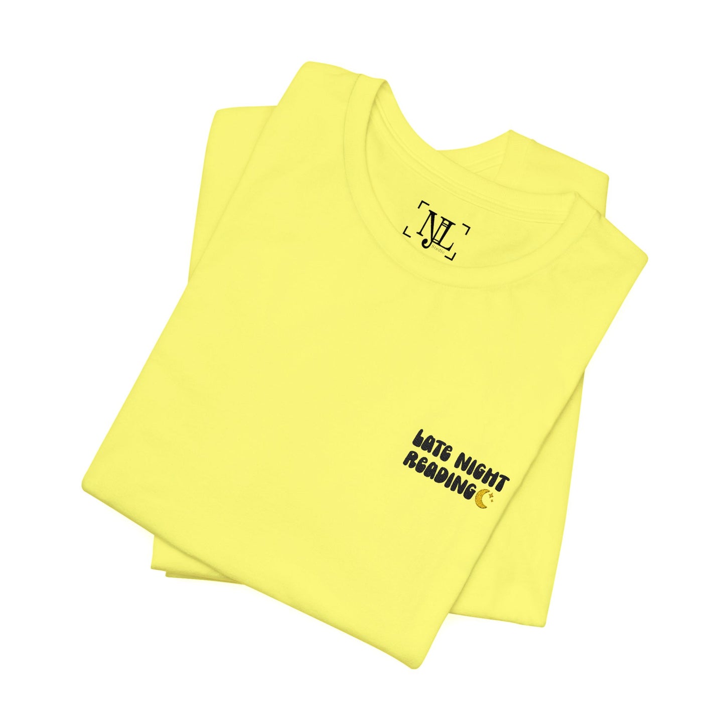 Late Night Reading - Embroidered Literary Tee (Black Text)