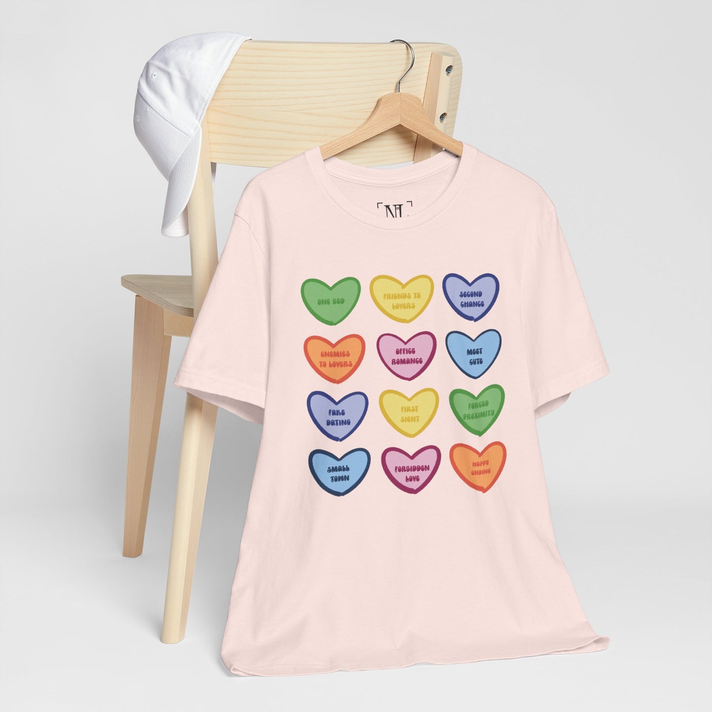 Romance Book Tropes Conversation Heart Graphic Tee — Cute Pastel Candy Hearts with Messages