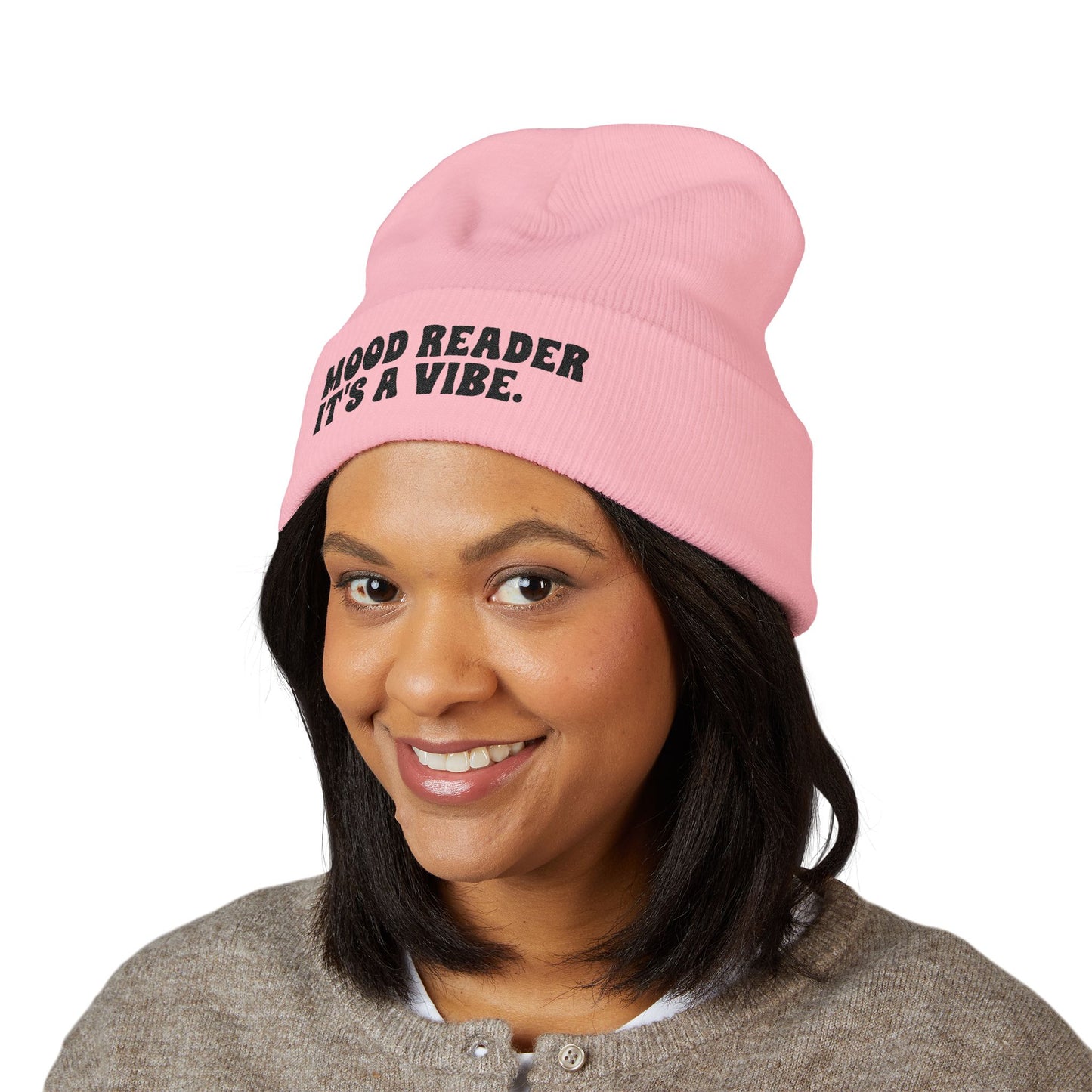 "Mood Reader It's a Vibe." - Embroidered Literary Cuffed Beanie (Black Text)