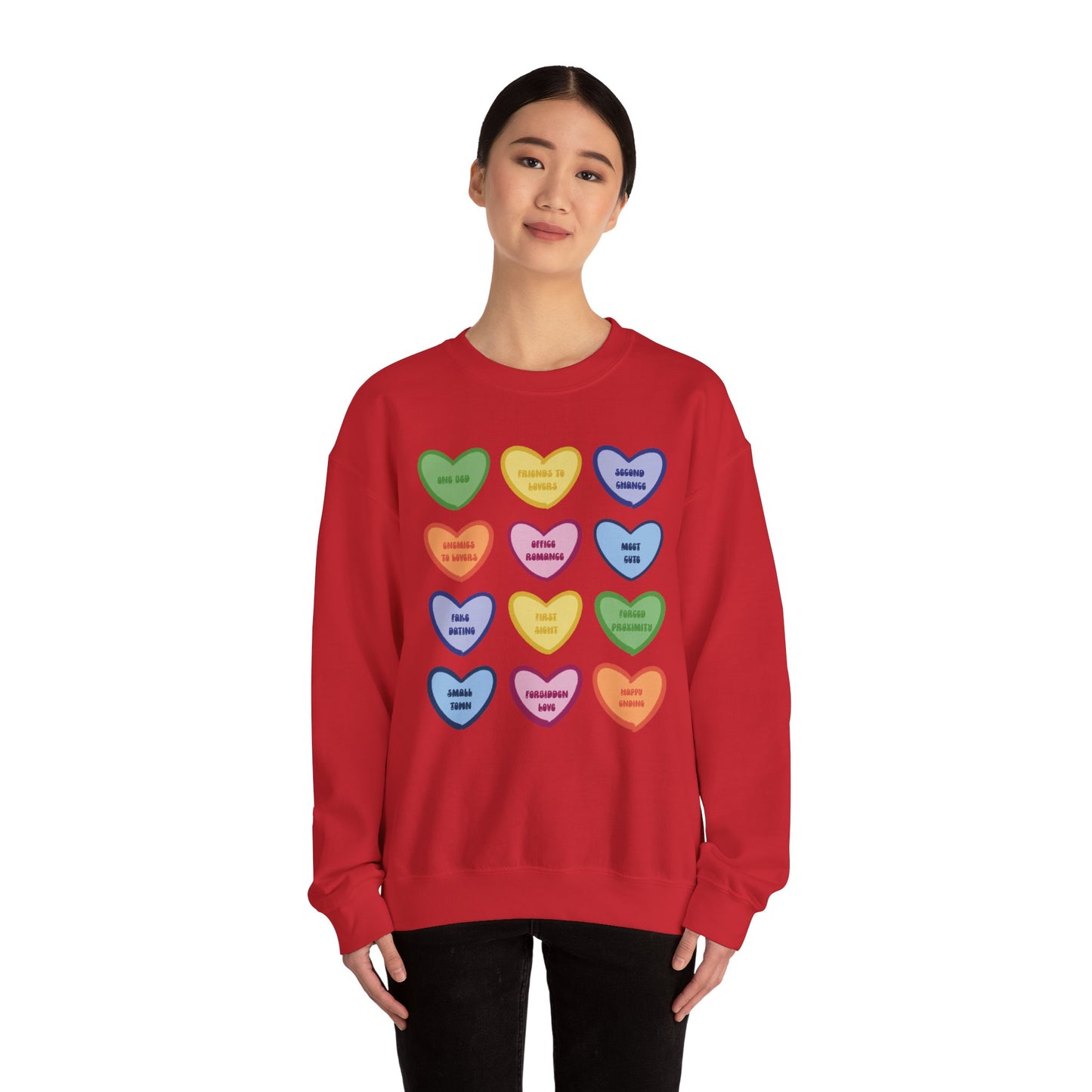 Romance Book Tropes Conversation Heart Sweatshirt — Colorful Valentine Candy Heart Graphic Crewneck