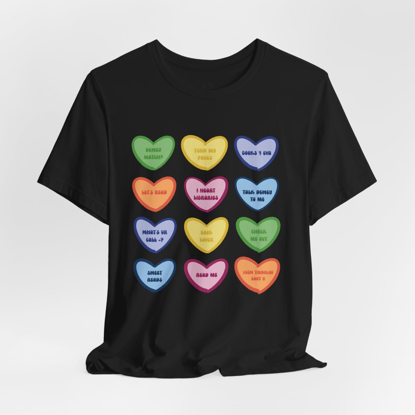 Library Conversation Heart Graphic Tee — Cute Pastel Candy Hearts with Messages