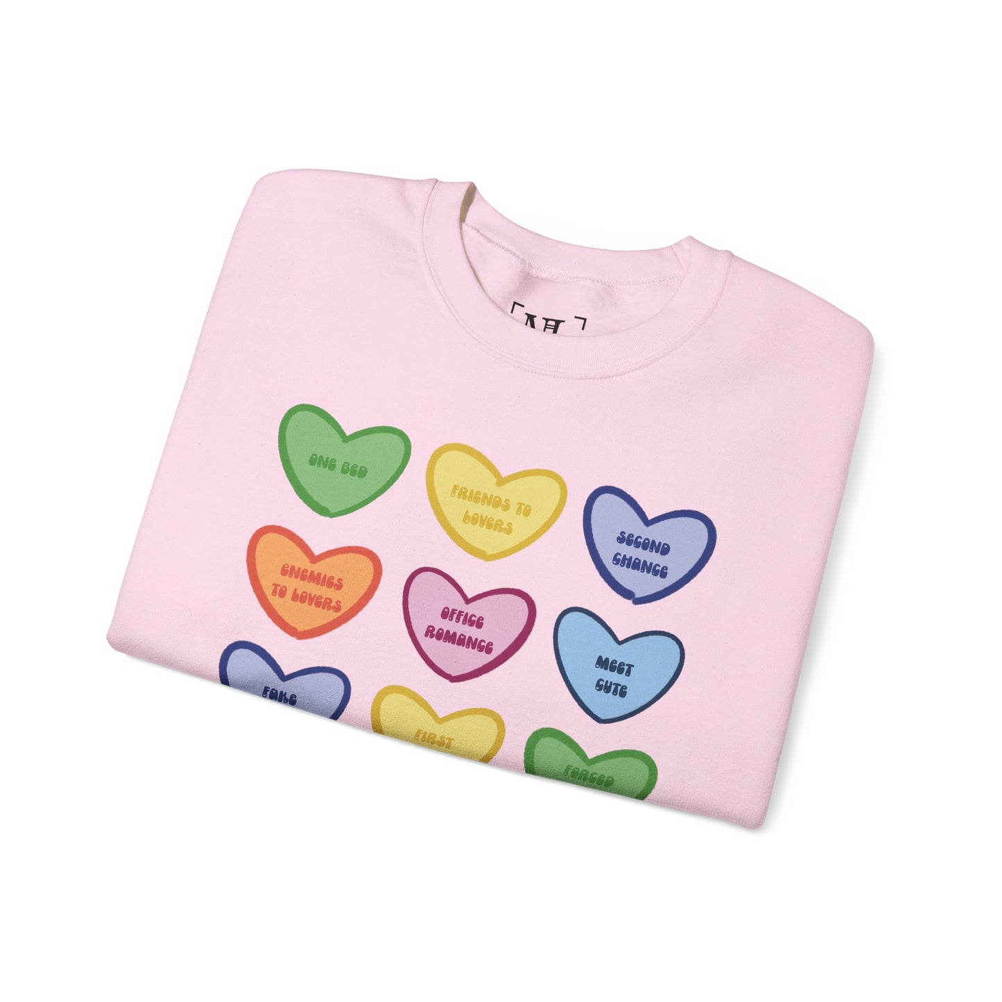 Romance Book Tropes Conversation Heart Sweatshirt — Colorful Valentine Candy Heart Graphic Crewneck