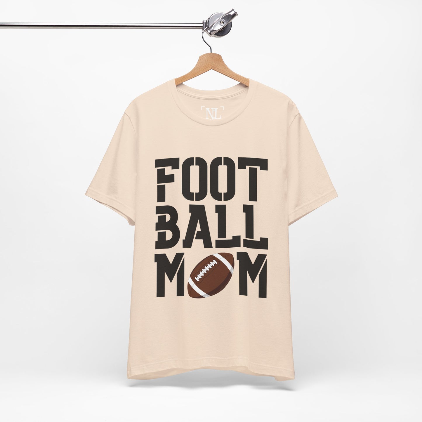 Football Mom T-Shirt – Bold Stacked Text with Football Graphic