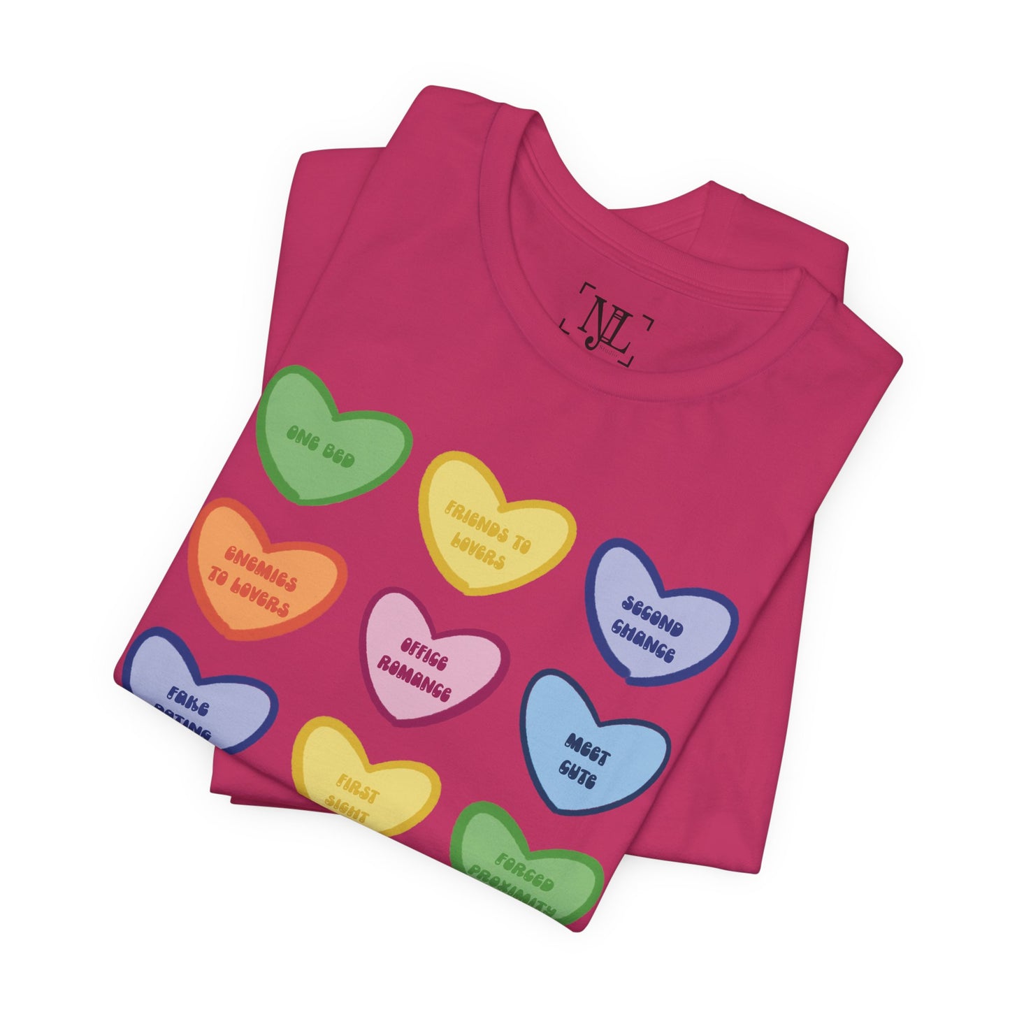Romance Book Tropes Conversation Heart Graphic Tee — Cute Pastel Candy Hearts with Messages