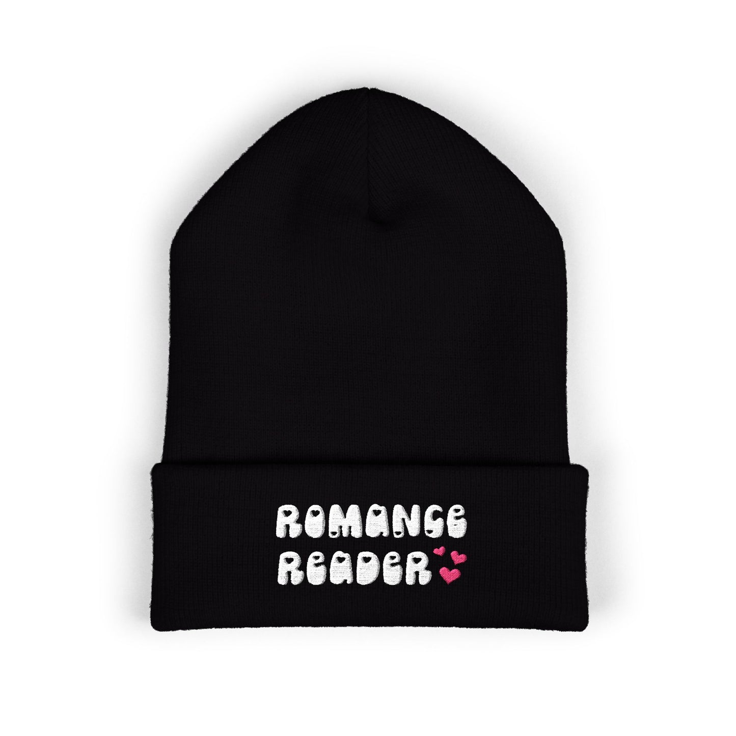 "Romance Reader" - Embroidered Literary Cuffed Beanie (White Text with Pink Hearts)