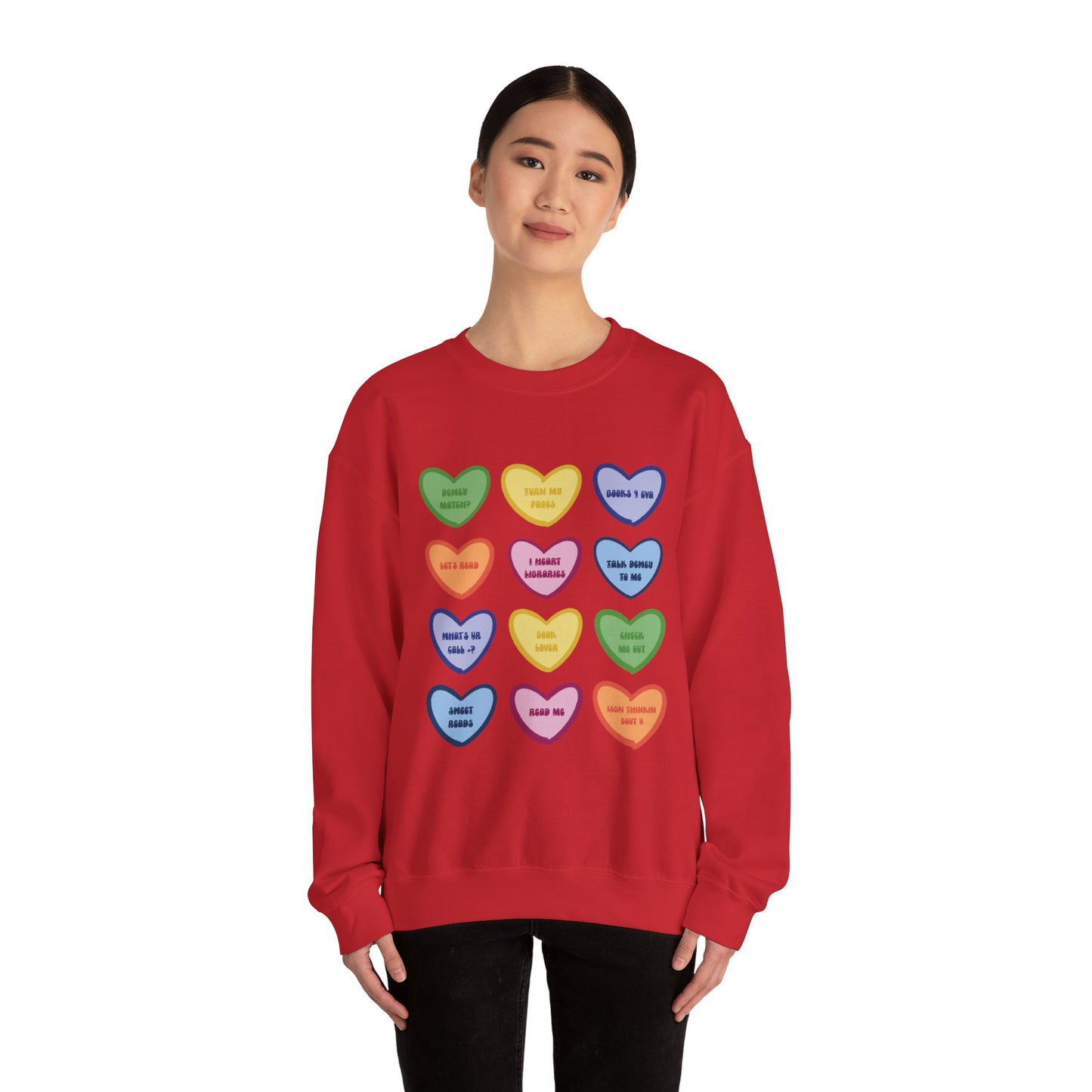 Library Themed Conversation Heart Sweatshirt — Colorful Valentine Candy Heart Graphic Crewneck