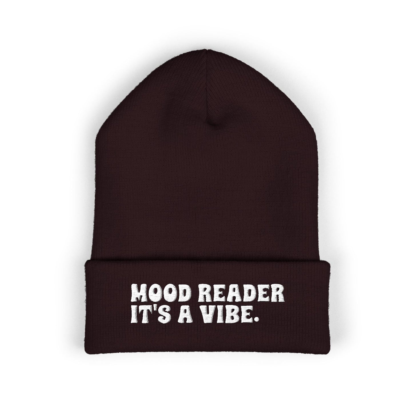 "Mood Reader It's a Vibe." - Embroidered Literary Cuffed Beanie (White Text)