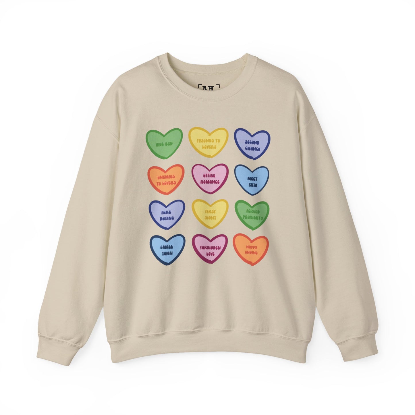 Romance Book Tropes Conversation Heart Sweatshirt — Colorful Valentine Candy Heart Graphic Crewneck