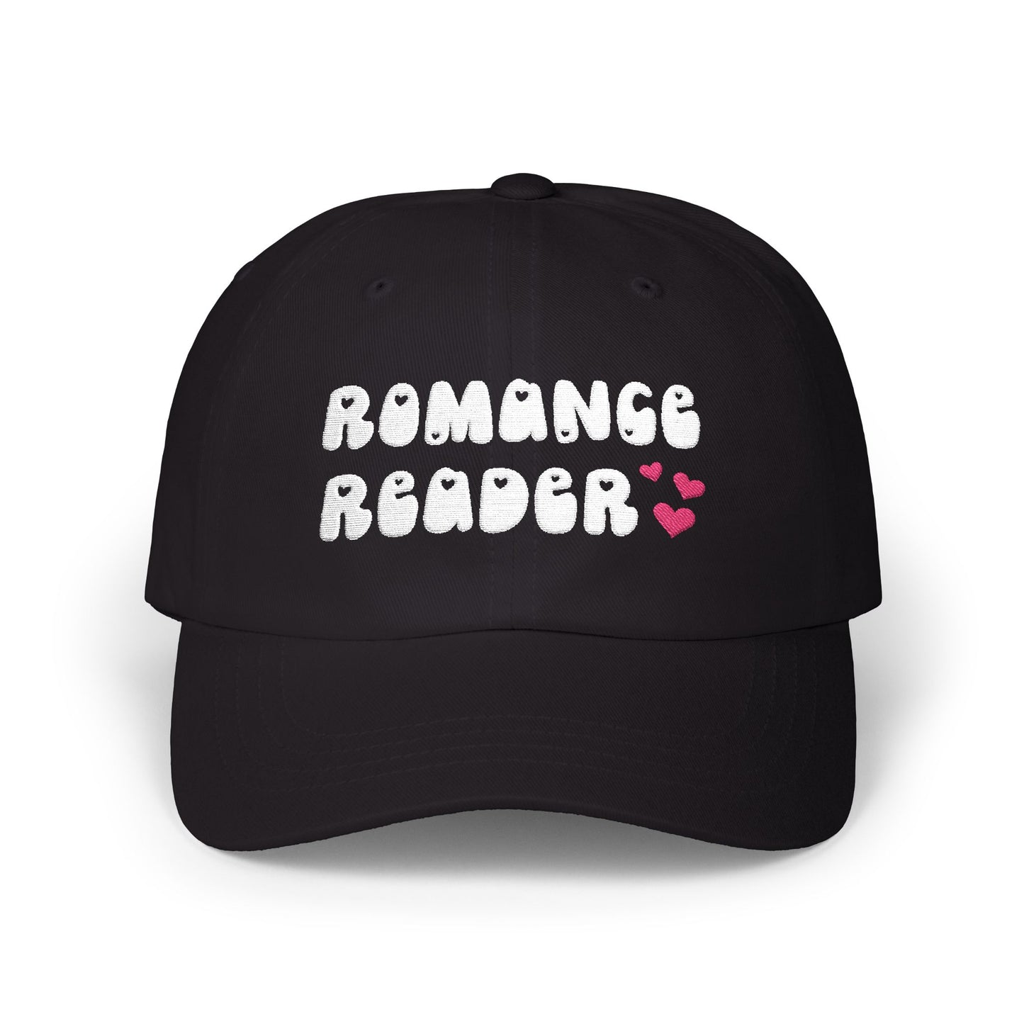 "Romance Reader" - Embroidered Literary Dad Cap (White Text with Maroon Hearts)