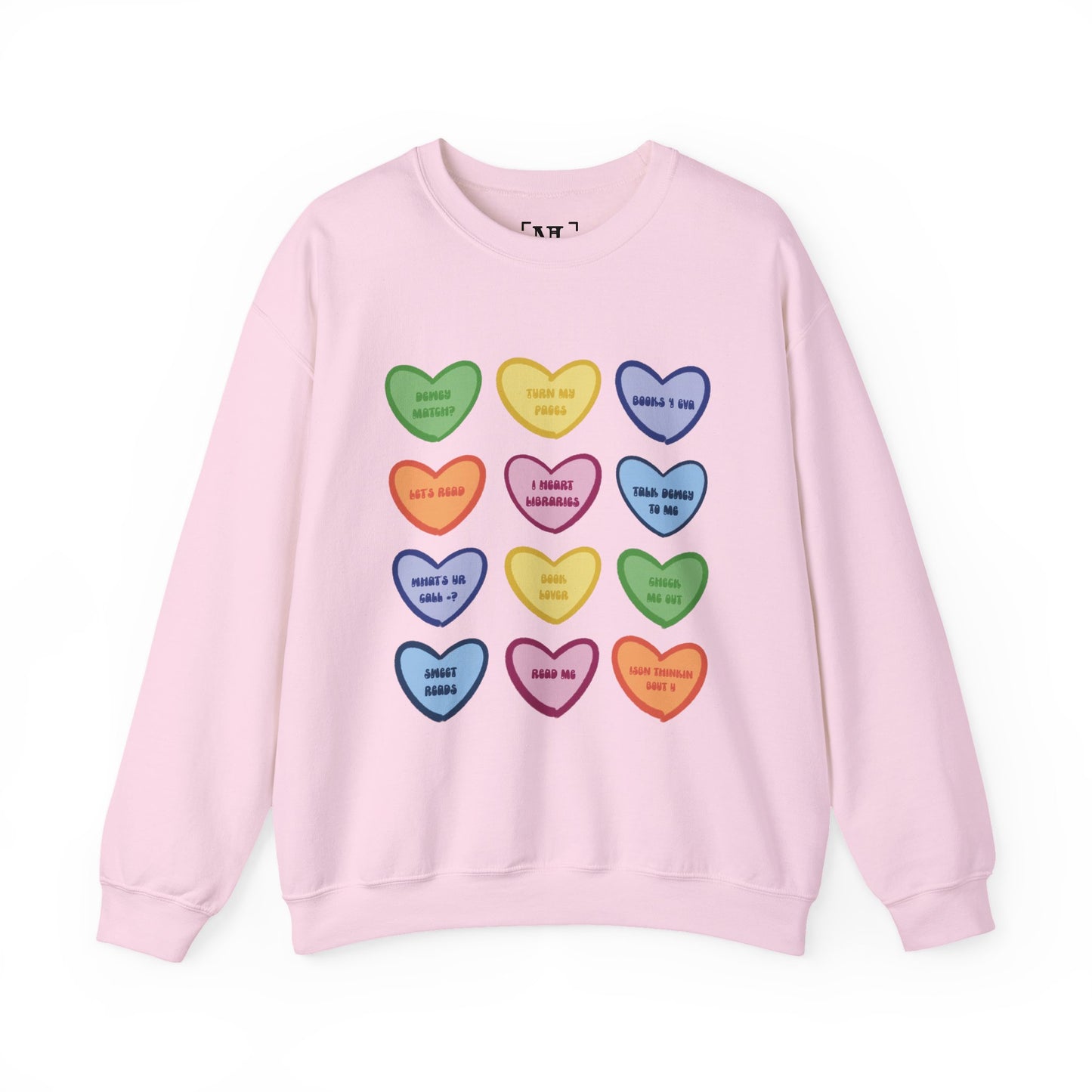 Library Themed Conversation Heart Sweatshirt — Colorful Valentine Candy Heart Graphic Crewneck