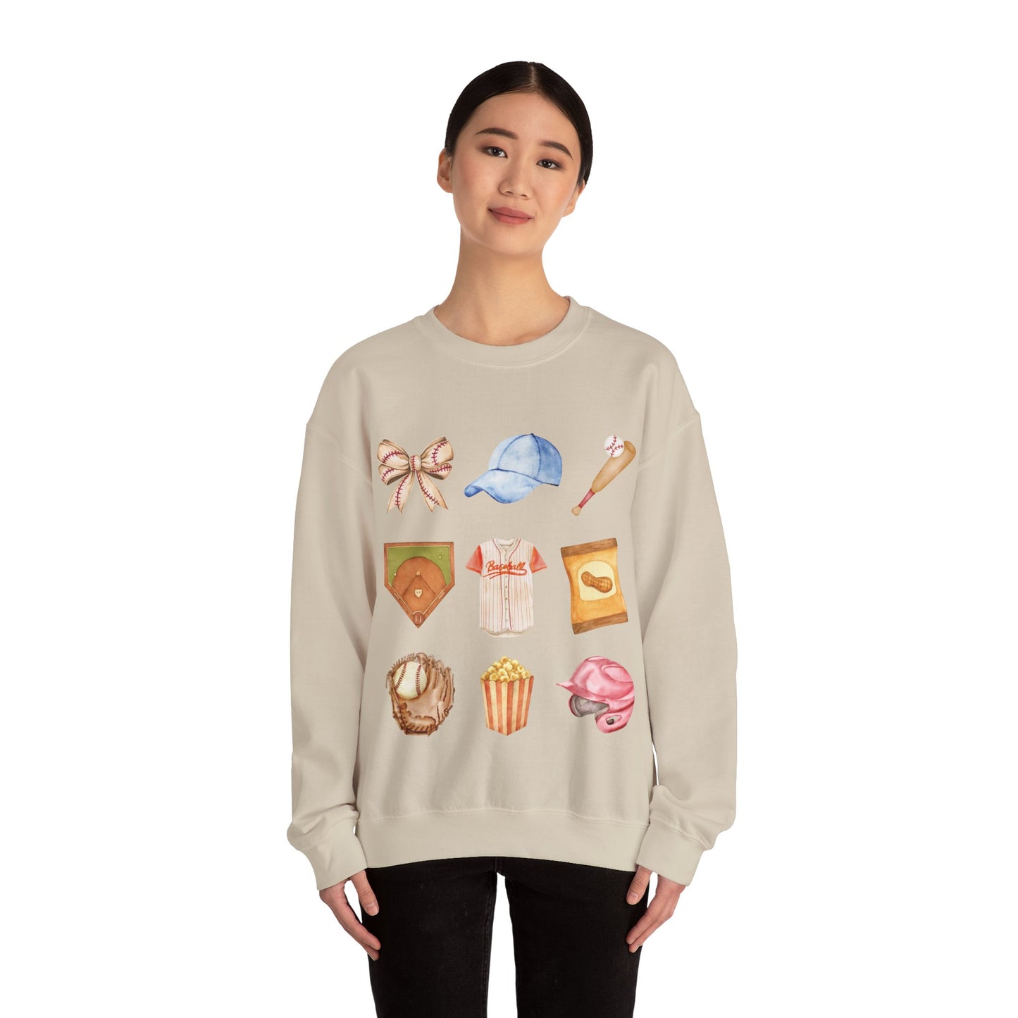 Baseball Icons Crewneck Sweatshirt — Watercolor Baseball Gear Graphic