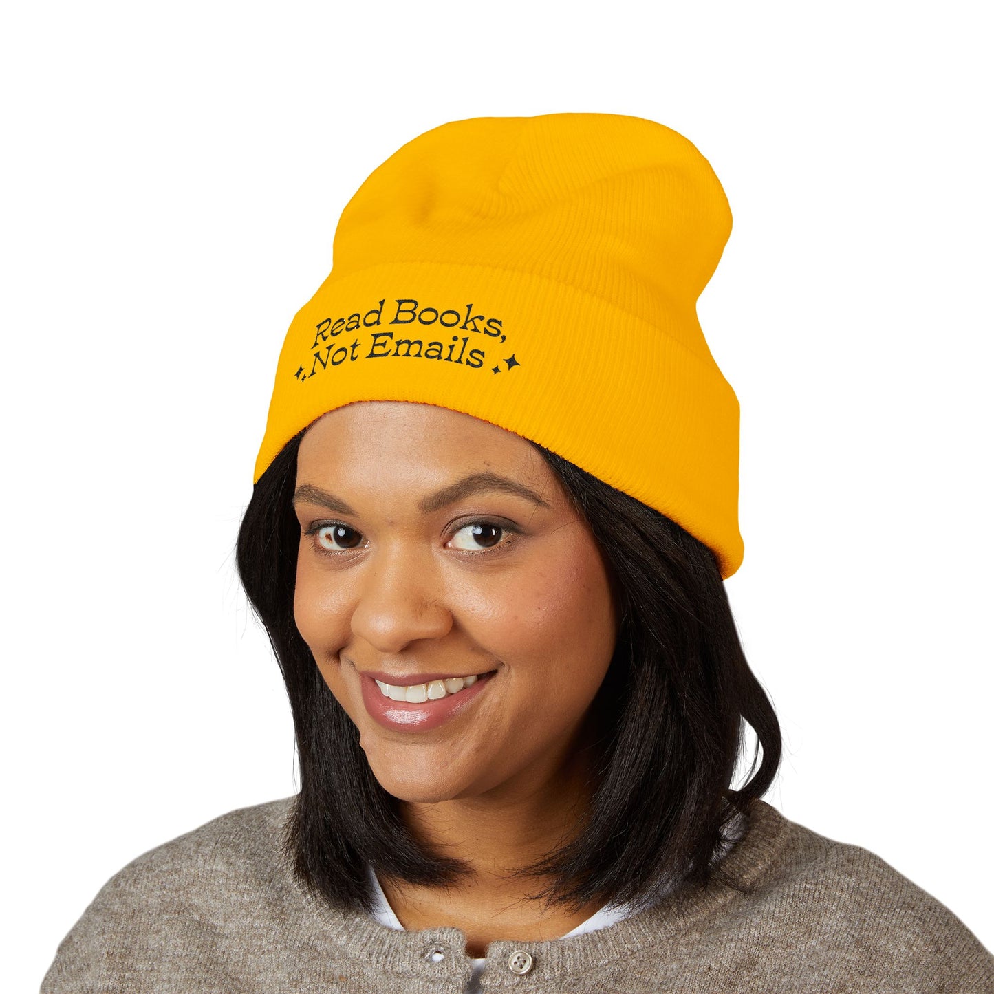 "Read Books Not Emails" - Embroidered Literary Cuffed Beanie (Black Text)