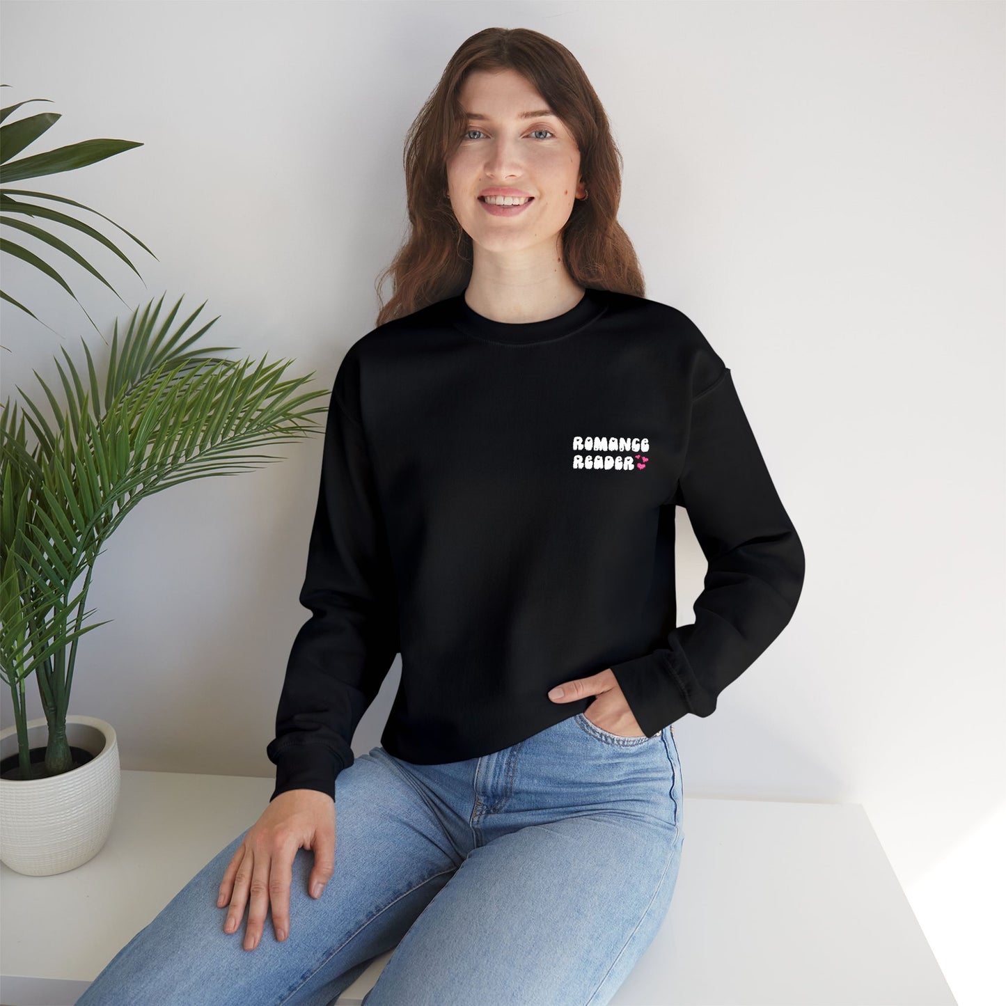 "Romance Reader" - Embroidered Literary Crewneck Sweatshirt (White Text with Pink Hearts)