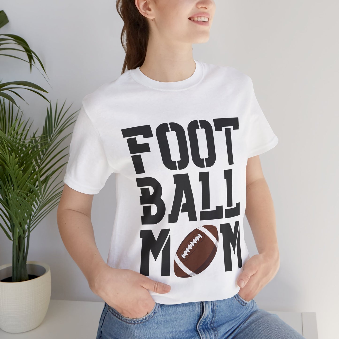 Football Mom T-Shirt – Bold Stacked Text with Football Graphic