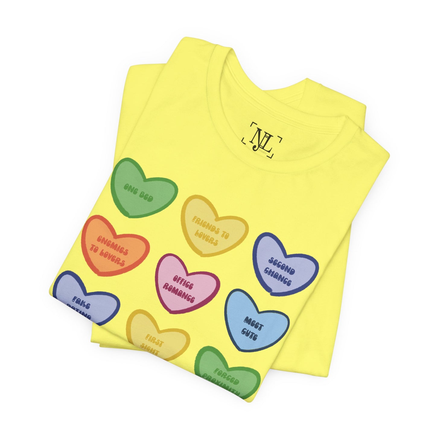 Romance Book Tropes Conversation Heart Graphic Tee — Cute Pastel Candy Hearts with Messages