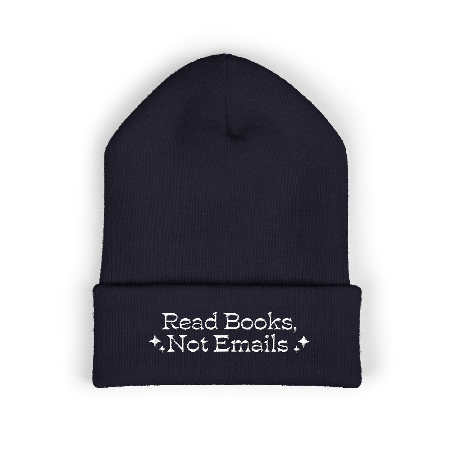 "Read Books Not Emails" - Embroidered Literary Cuffed Beanie (White Text)
