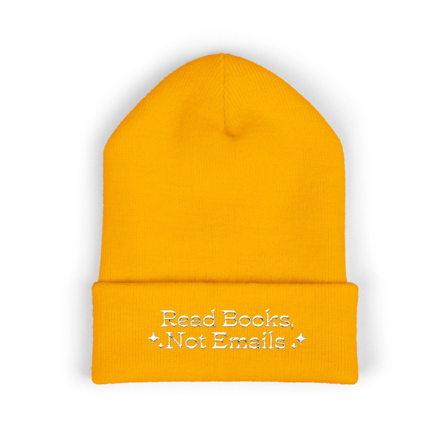 "Read Books Not Emails" - Embroidered Literary Cuffed Beanie (White Text)
