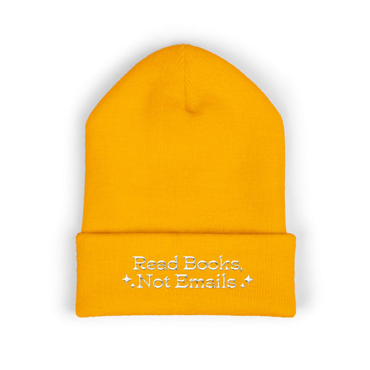 "Read Books Not Emails" - Embroidered Literary Cuffed Beanie (White Text)