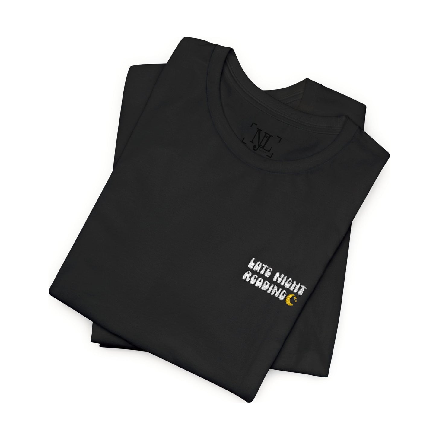 Late Night Reading - Embroidered Literary Tee (White Text)
