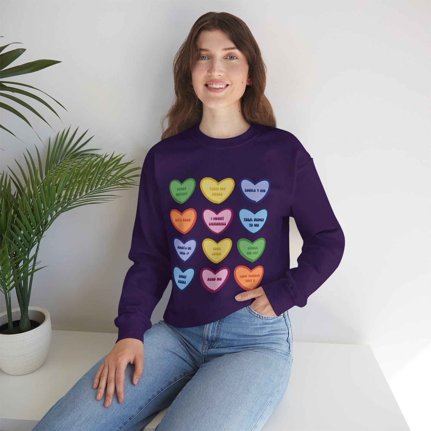 Library Themed Conversation Heart Sweatshirt — Colorful Valentine Candy Heart Graphic Crewneck